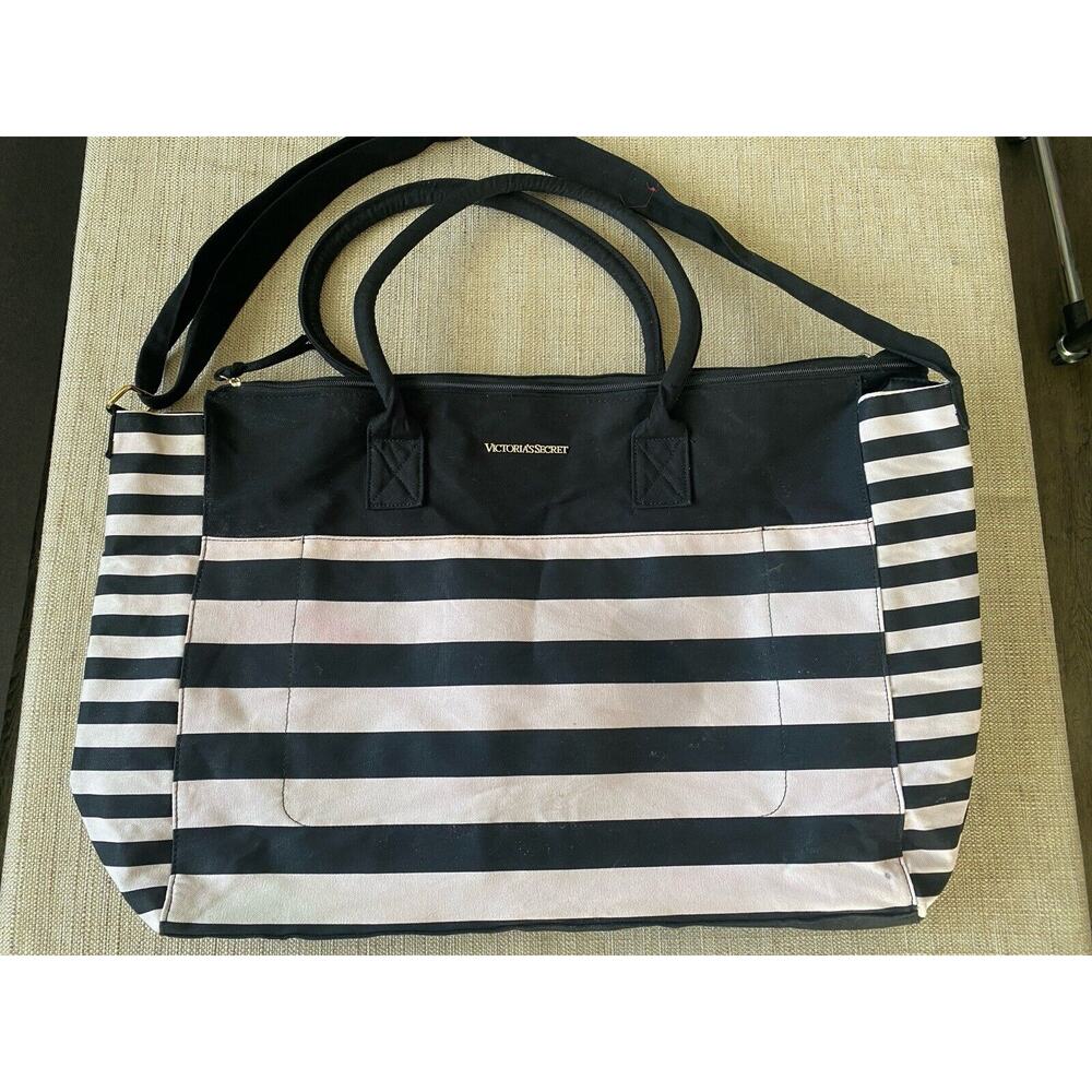 VICTORIAS SECRET Light Pink/Black Beach Travel Bag Large Handle Strap Cotton